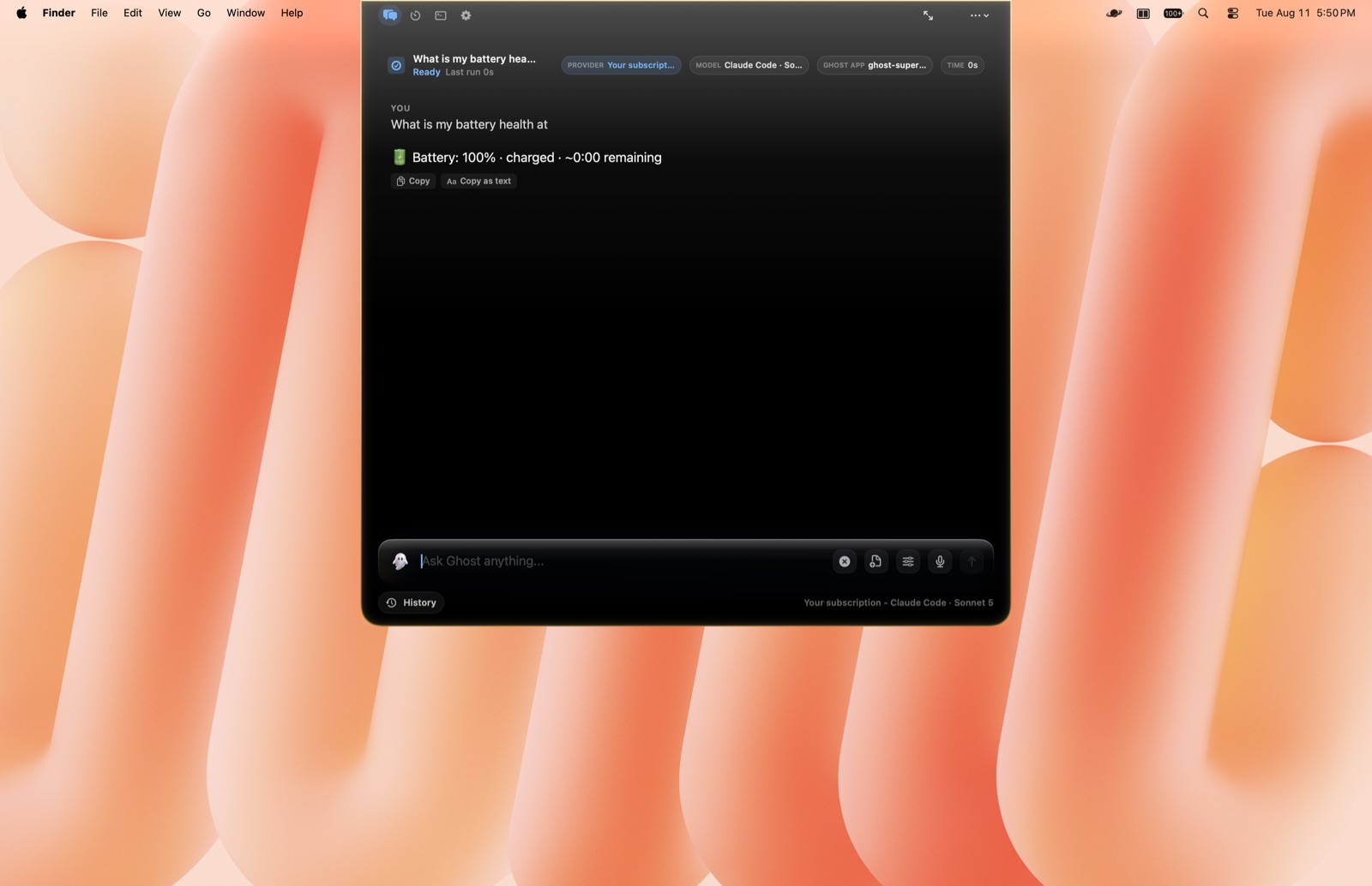 Ghost answering "What is my battery health at" with a one-line battery report