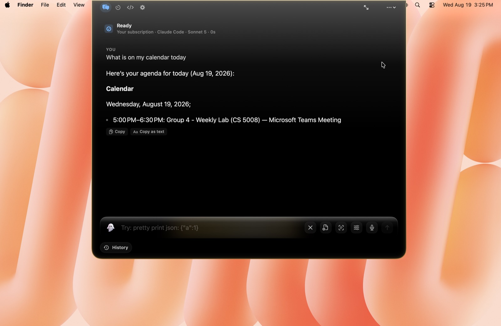 Ghost answering "What is on my calendar today" with the day's agenda read from macOS Calendar
