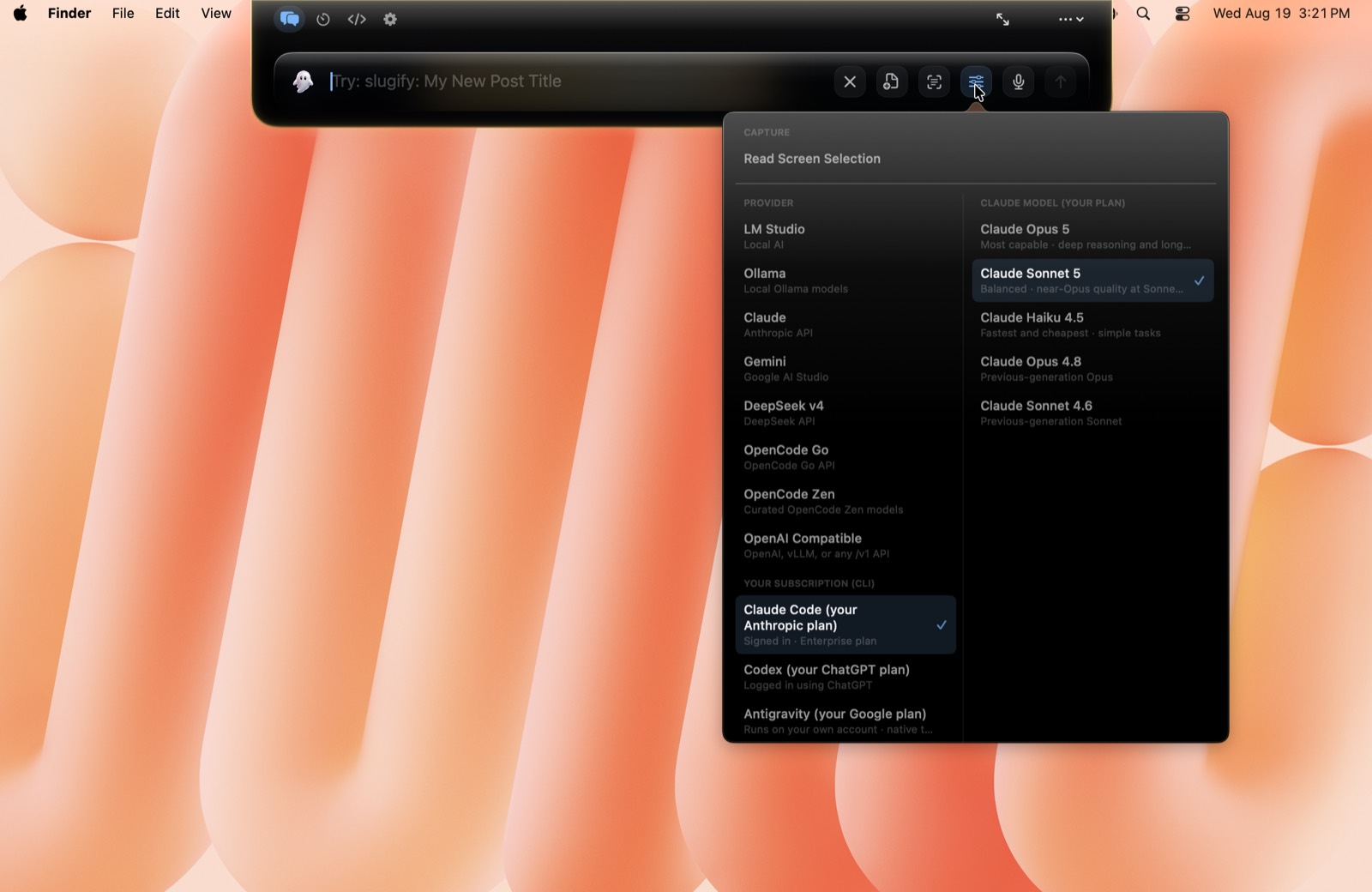 Ghost's provider picker open, showing eight providers and three subscription CLIs