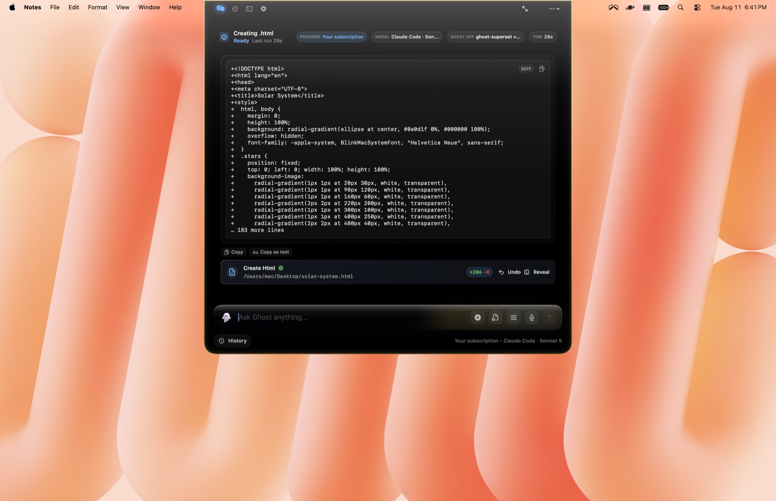 Ghost writing solar-system.html to the Desktop with an Undo and Reveal receipt