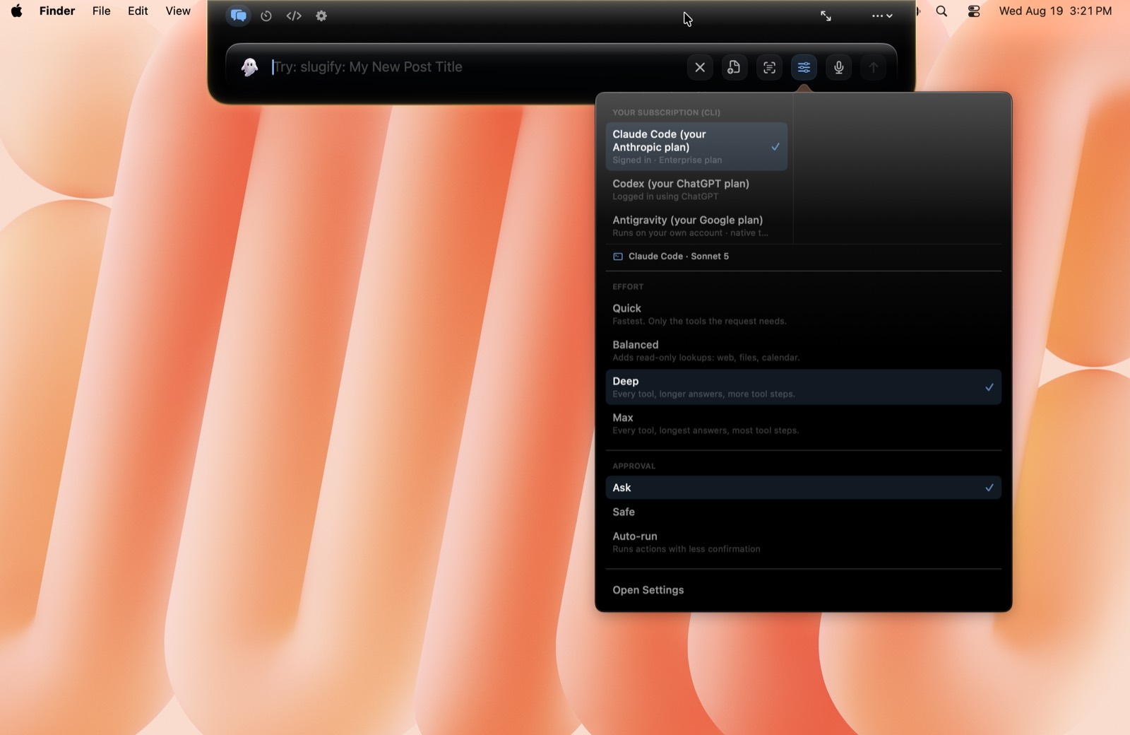 Ghost's run picker open on the subscription route, showing the four effort levels with Deep selected and the three approval modes with Ask selected