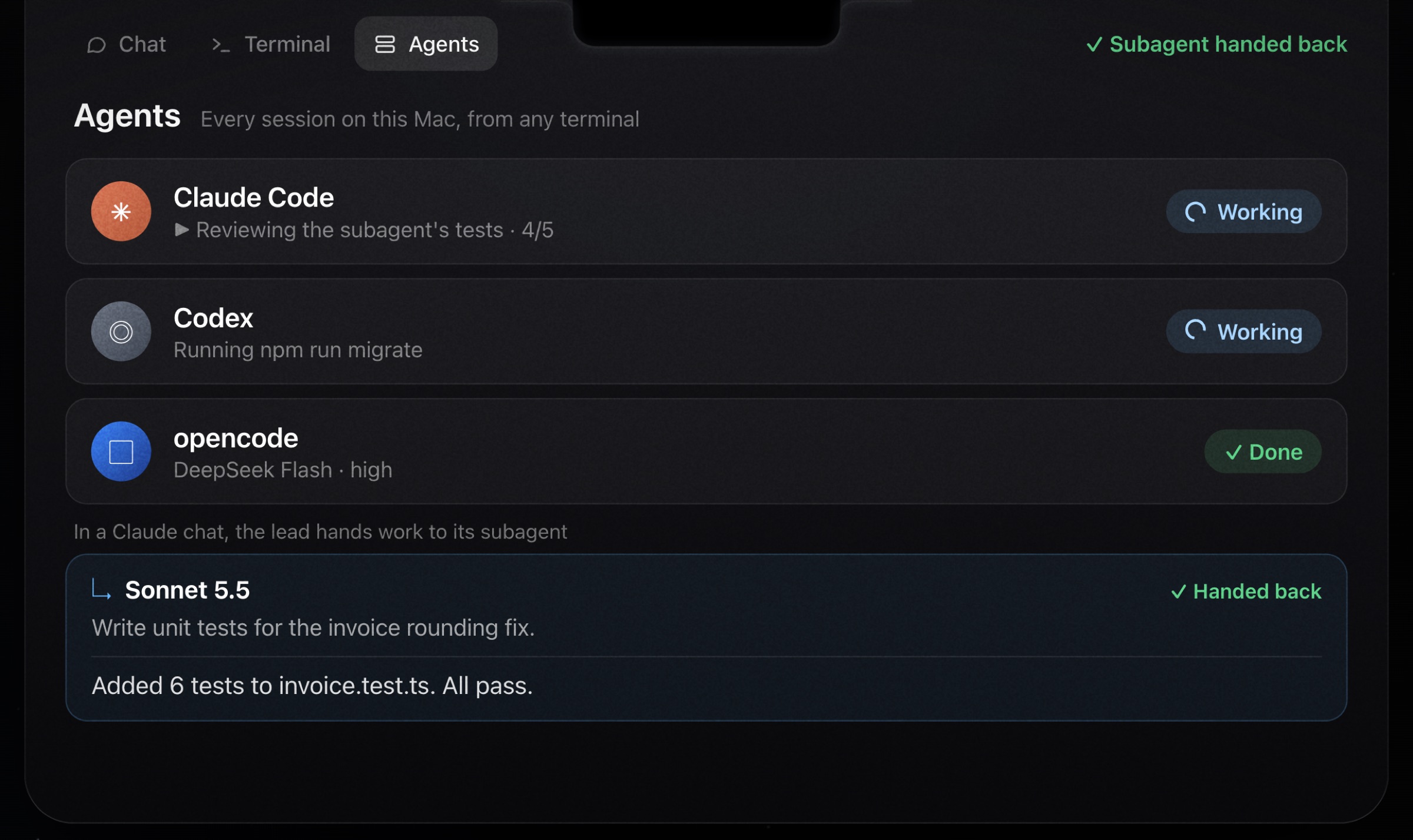 Ghost's Agents tab listing a Claude Code session and a Codex session that are working and an opencode session that is done, above a Sonnet 5.5 subagent card that has handed its task back