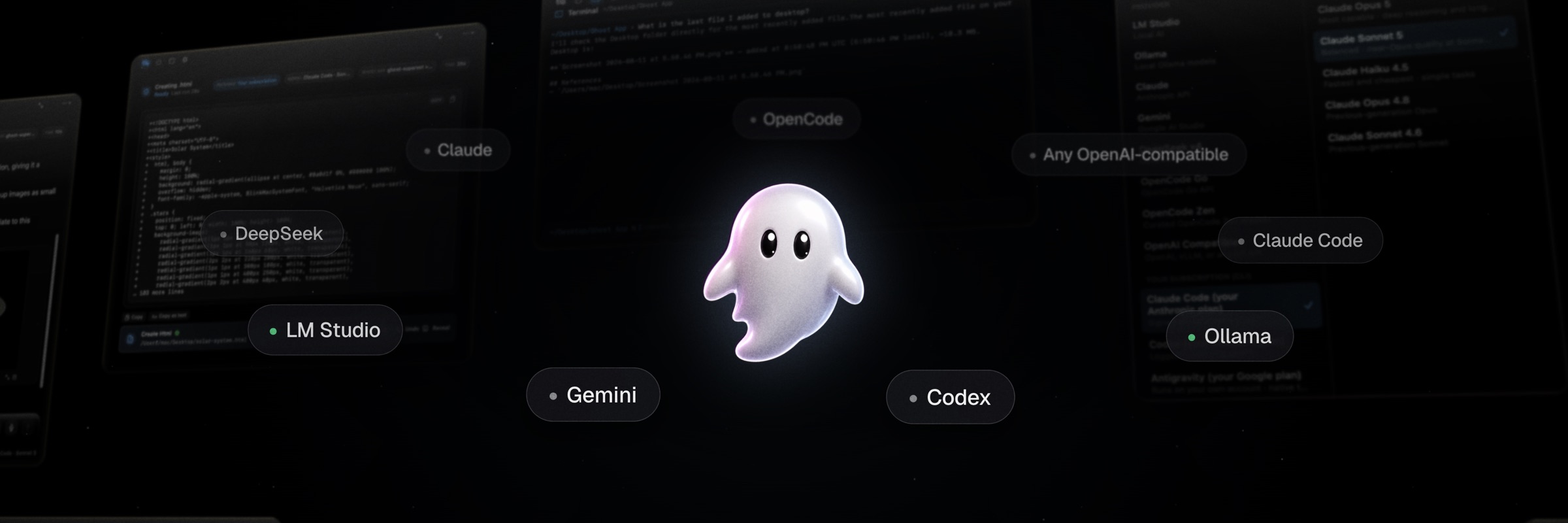 The Ghost mascot surrounded by the models it runs on: Claude, Claude Code, Codex, Gemini, DeepSeek, OpenCode, LM Studio, Ollama and any OpenAI-compatible server