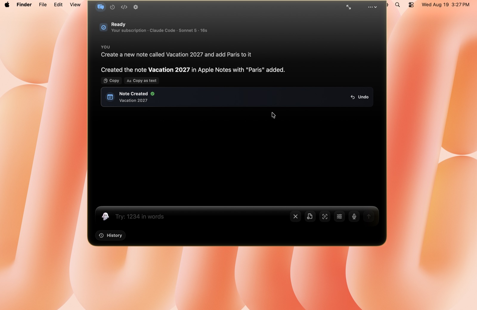 Ghost creating an Apple Note called Vacation 2027 with Paris added, shown as a Note Created card with an Undo button