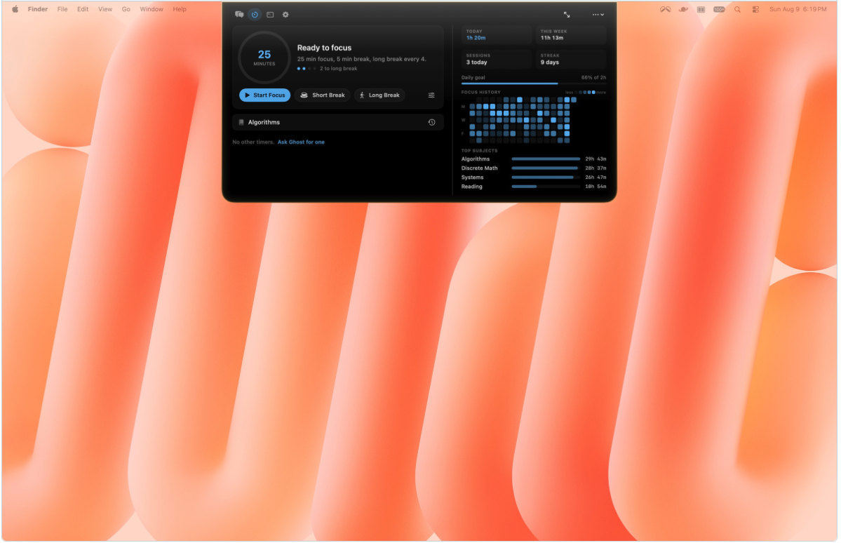Ghost's Pomodoro timer with focus history, streaks, and top subjects