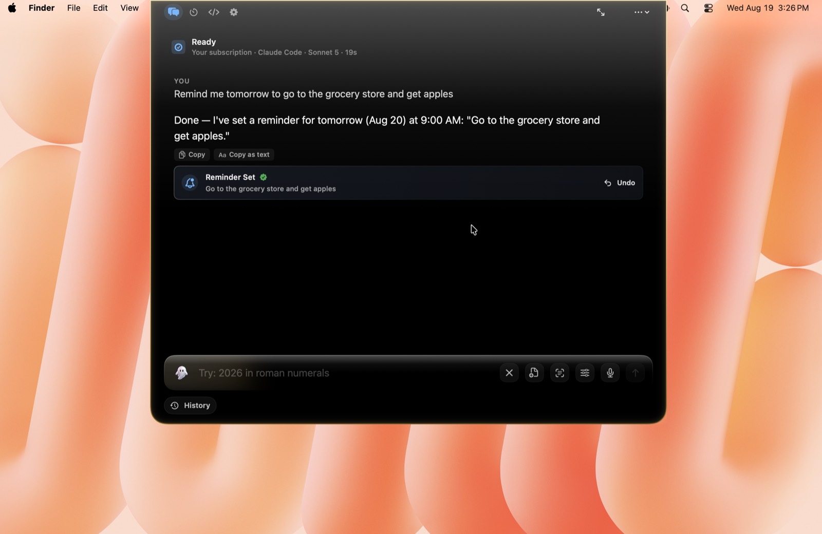 Ghost answering "Remind me tomorrow to go to the grocery store and get apples" with a Reminder Set card that carries an Undo button