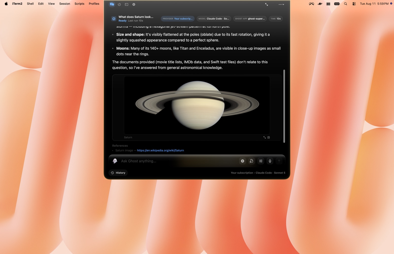 Ghost answering a Saturn question with an inline image and a Wikipedia reference