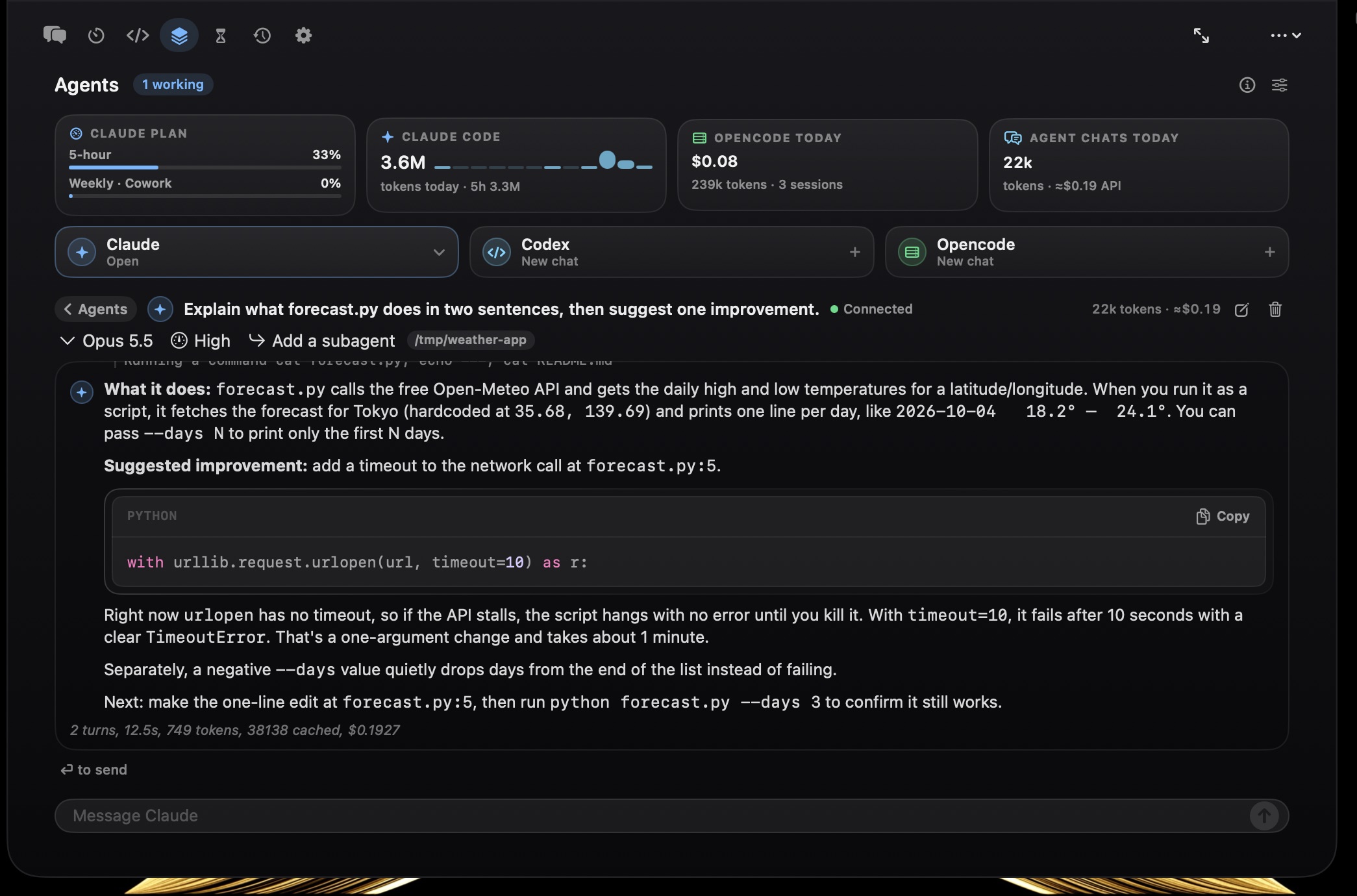 Ghost's Agents tab with Claude plan and token usage across the top, and a Claude chat in a project folder explaining forecast.py and suggesting a one-line fix