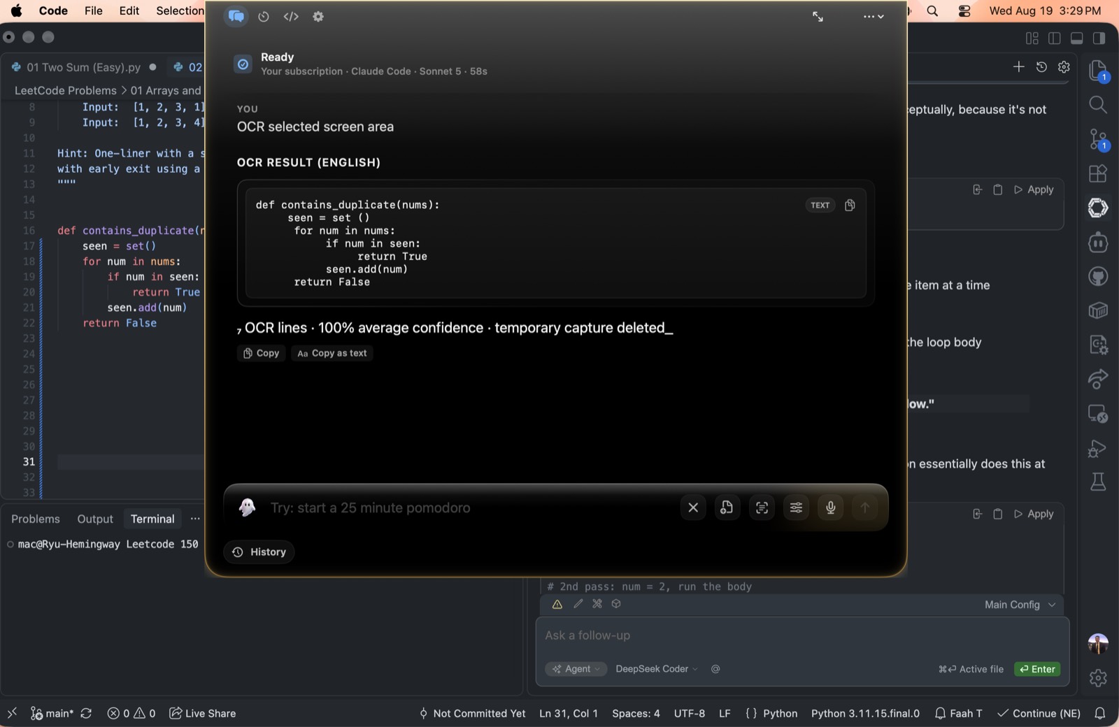 Ghost showing the text read out of a selected screen region in VS Code: seven OCR lines at 100% average confidence, with the temporary capture deleted
