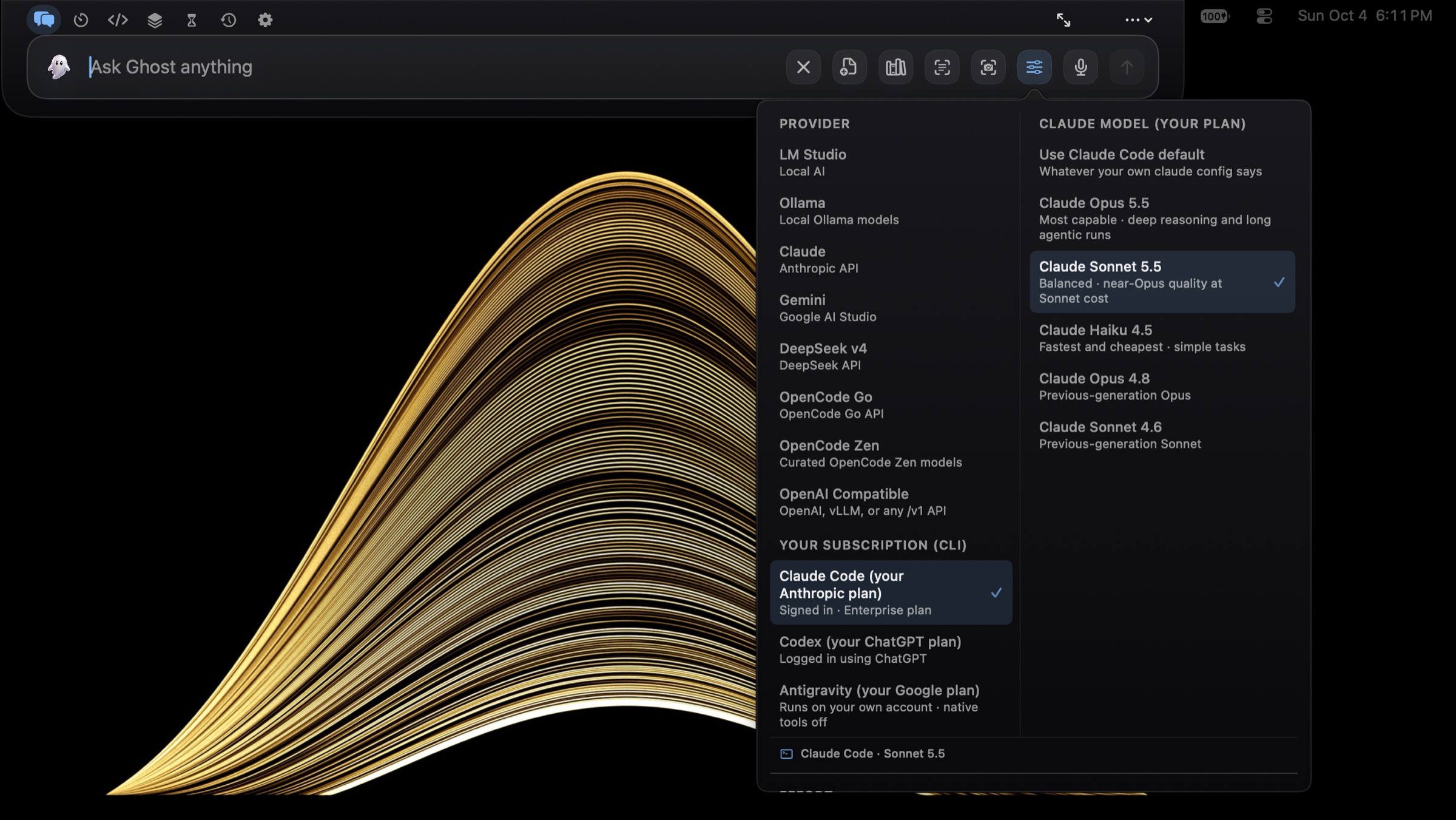 Ghost's model menu open under the notch: eight providers from LM Studio and Ollama to any OpenAI-compatible server, the Claude Code, Codex and Antigravity subscriptions, and the Claude models on your plan
