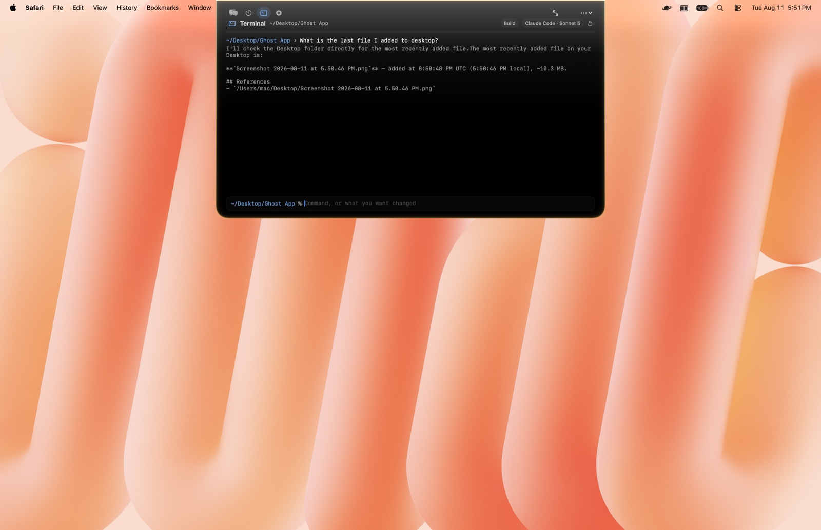 Ghost's Terminal answering "What is the last file I added to desktop?"